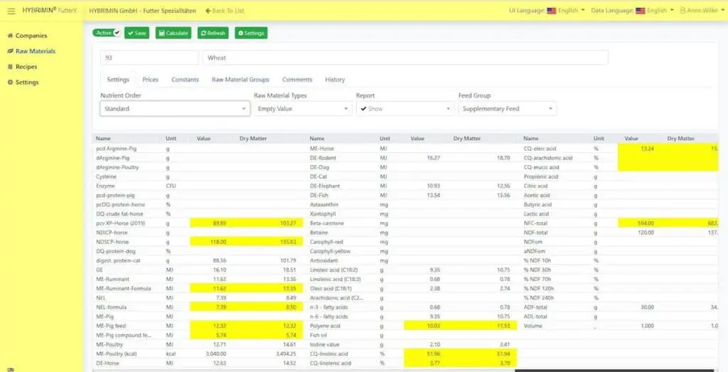 Futter X Feed Formulation Screenshot