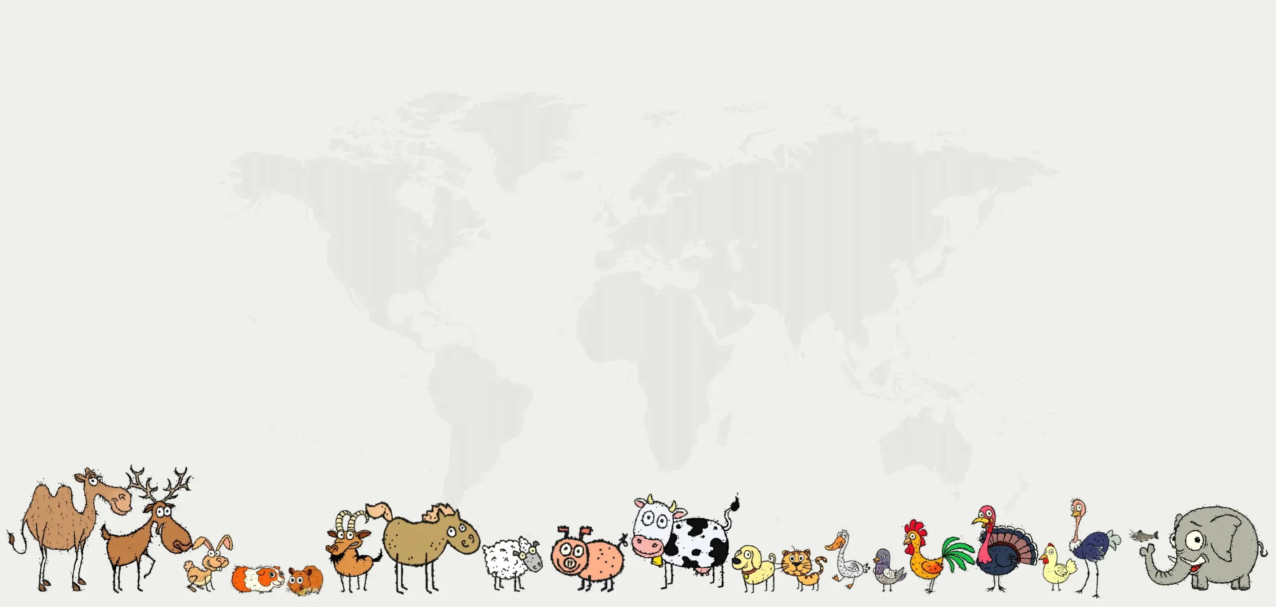 cartoon animals, world map in background