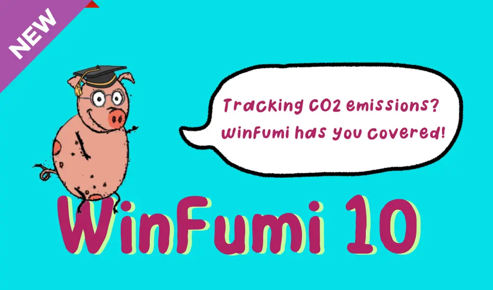 A cartoon illustration featuring a pig wearing a graduation cap, alongside text in a speech bubble that says, "Tracking CO2 emissions? WinFumi has you covered!" The image promotes the WinFumi 10 software with a vibrant, fun design and a prominent "NEW" badge in the corner.