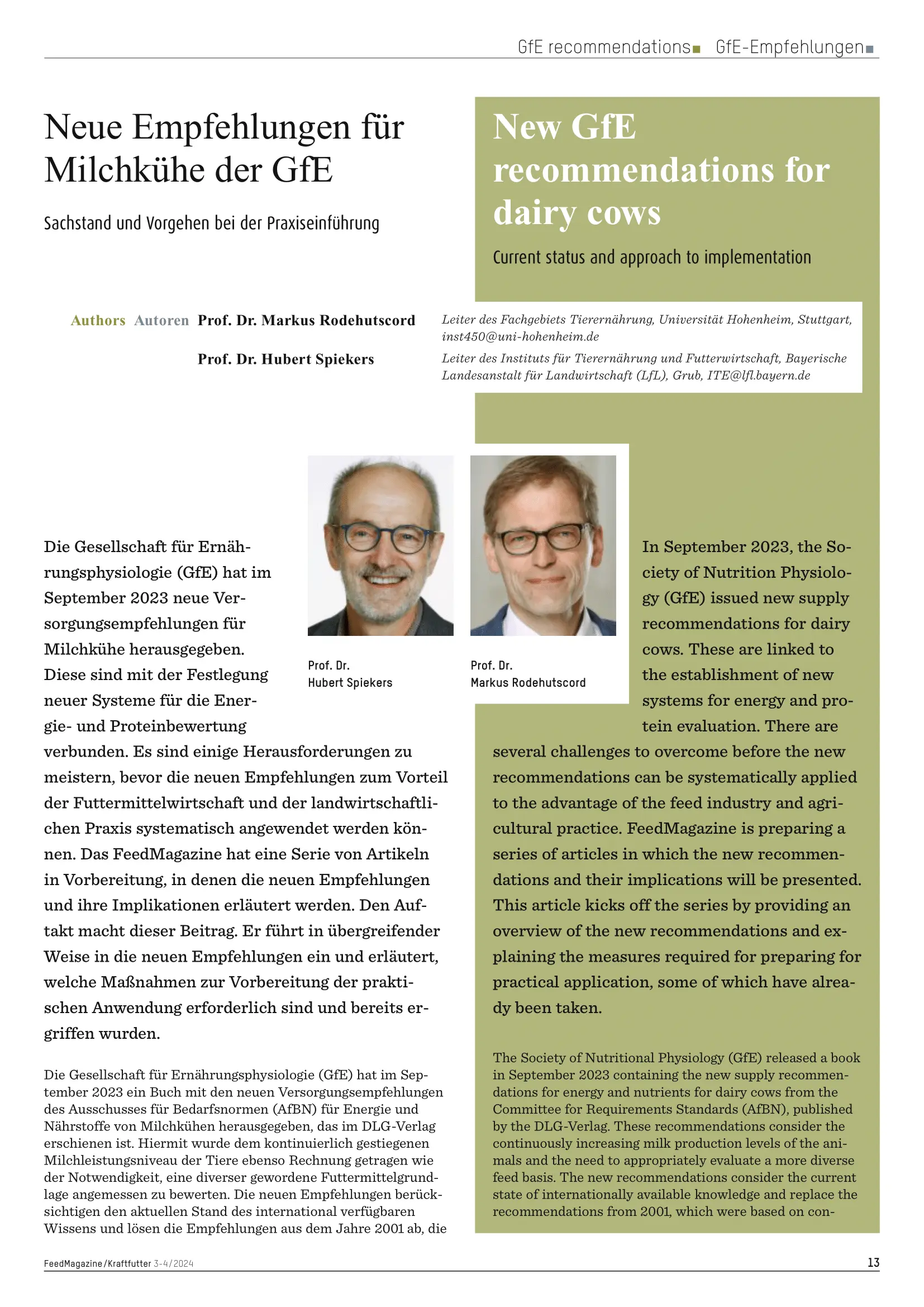 New GfE recommendations for dairy cows, Prof. Dr. Markus Rodehutscord and Prof. Dr. Hubert Spiekers, FeedMagazine, 3-4/2024, page 1