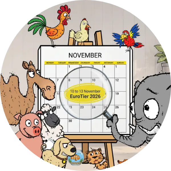 A cartoon of animals looking through a magnifying glass at a November calendar highlighting EuroTier 2026